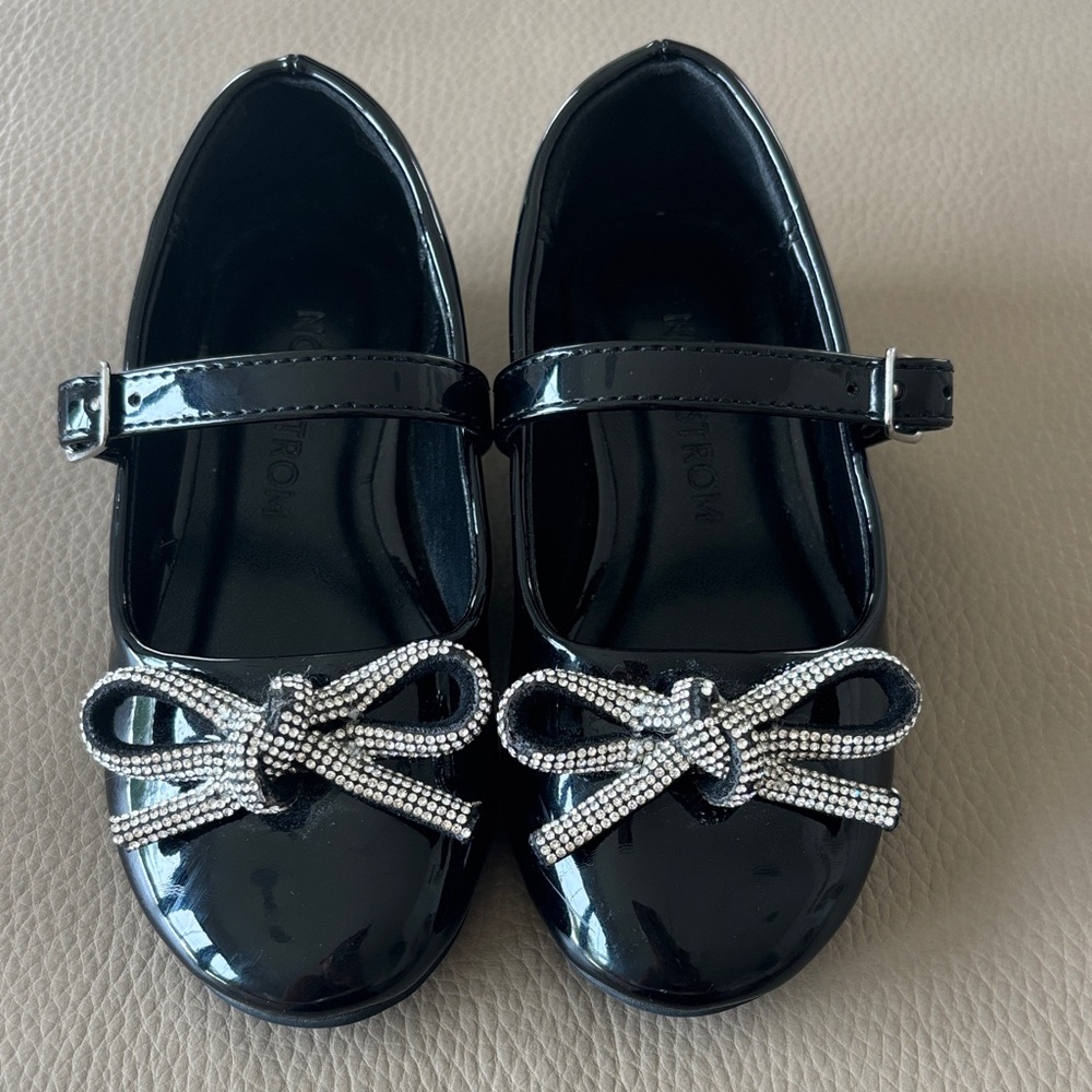Nordstrom Kids Shiny Black Dress Shoes with Sparkling Bow